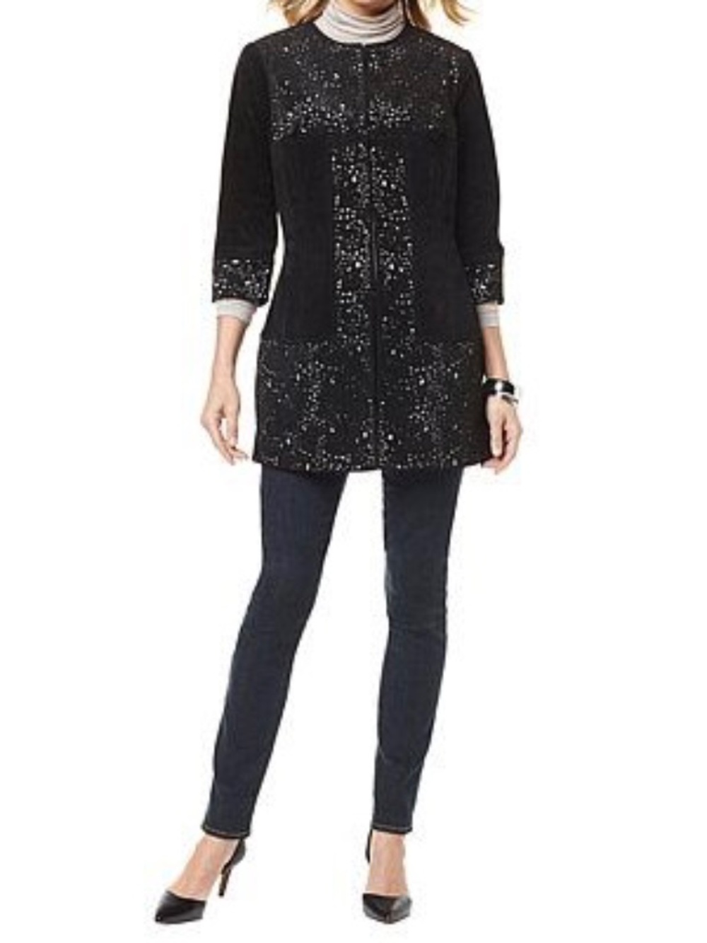 Perforated Black Leather Jacket Blazer Coat, Open Front Size M